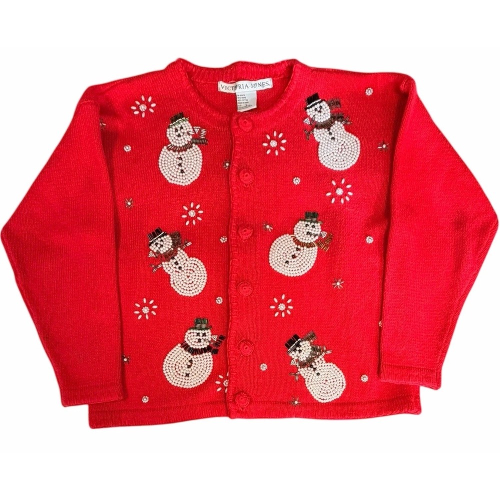 Vintage Victoria Jones Pearl Beaded Snowman Christmas Cardigan Sweater‎ L Winter